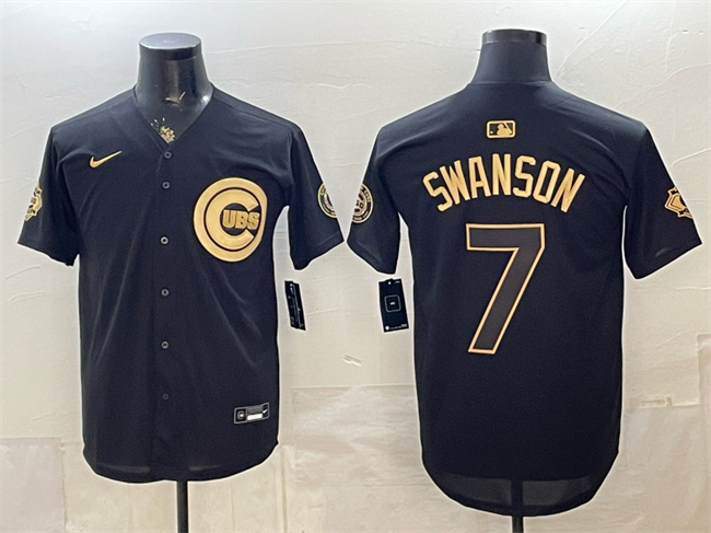 Men's Chicago Cubs #7 Dansby Swanson Black/Gold 150th Anniversary Patch Stitched Baseball Jersey